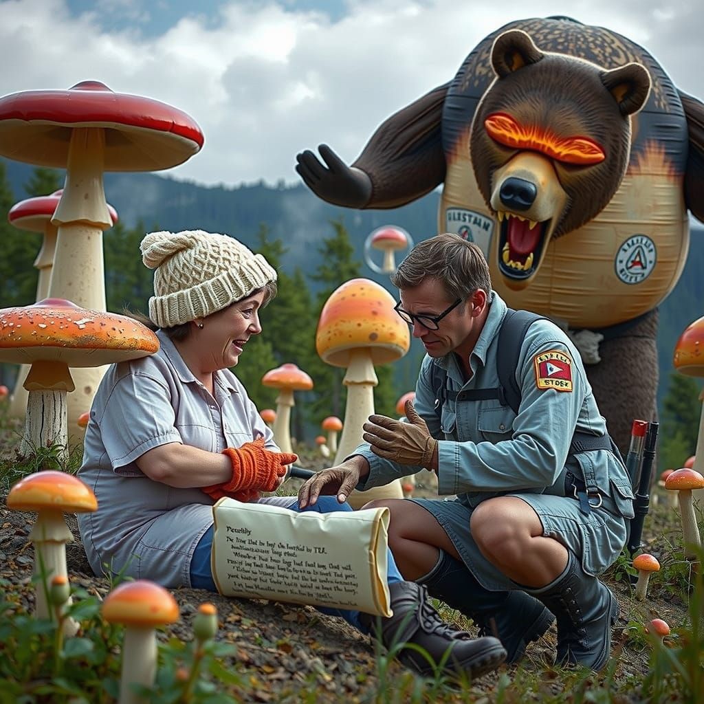 Surreal Hiker Figure Confronts Grizzly Bear