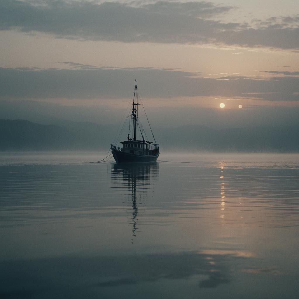 Lone Boat Drifts Through Misty Waters at Dusk