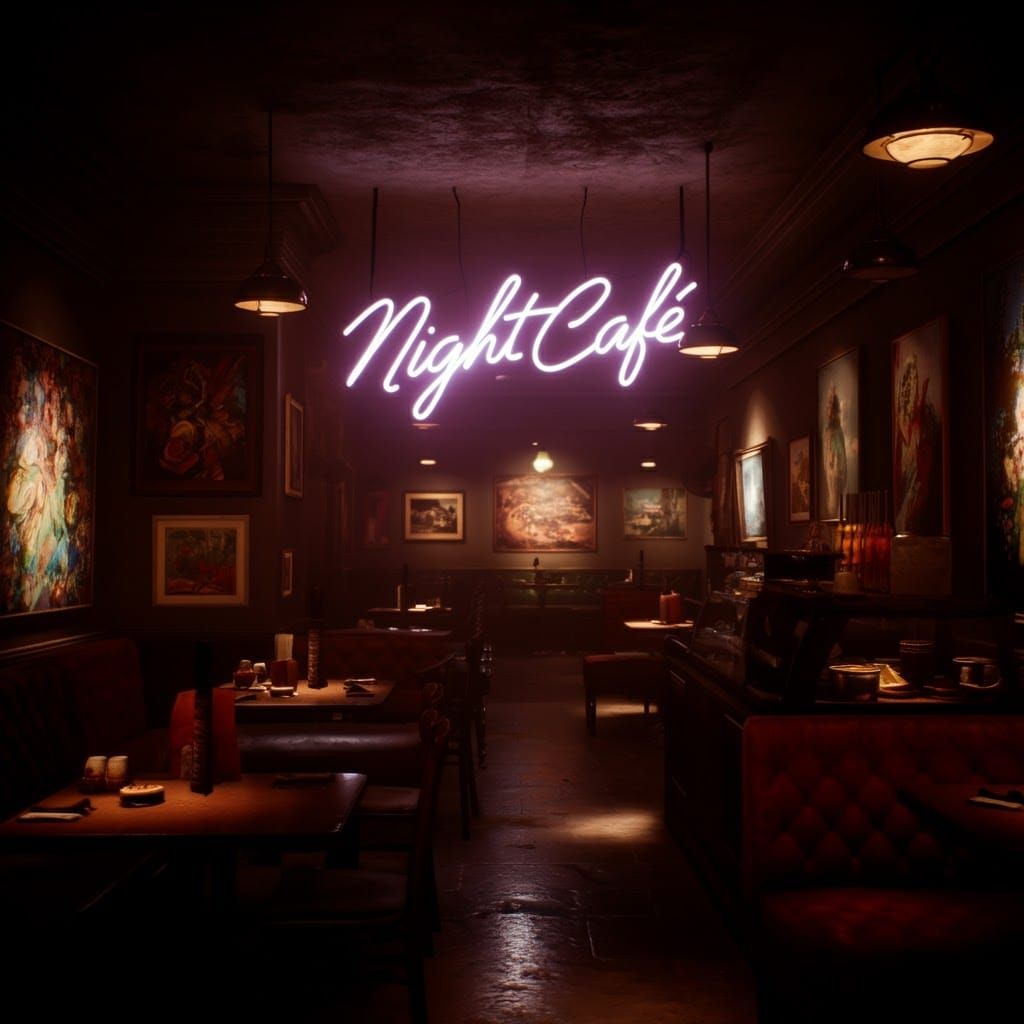 Cosy Cafe and Art Gallery with Neon Sign