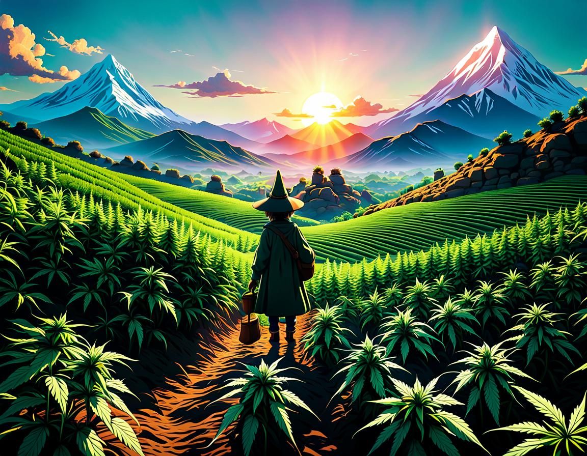 Snufkin in Marijuana Field at Sunrise, Anime Style