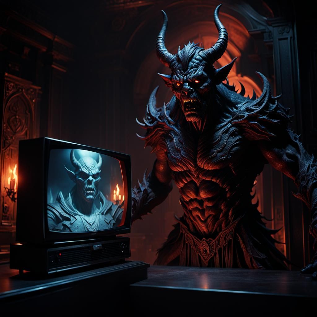 Demon Behind TV in Dark Fantasy Style