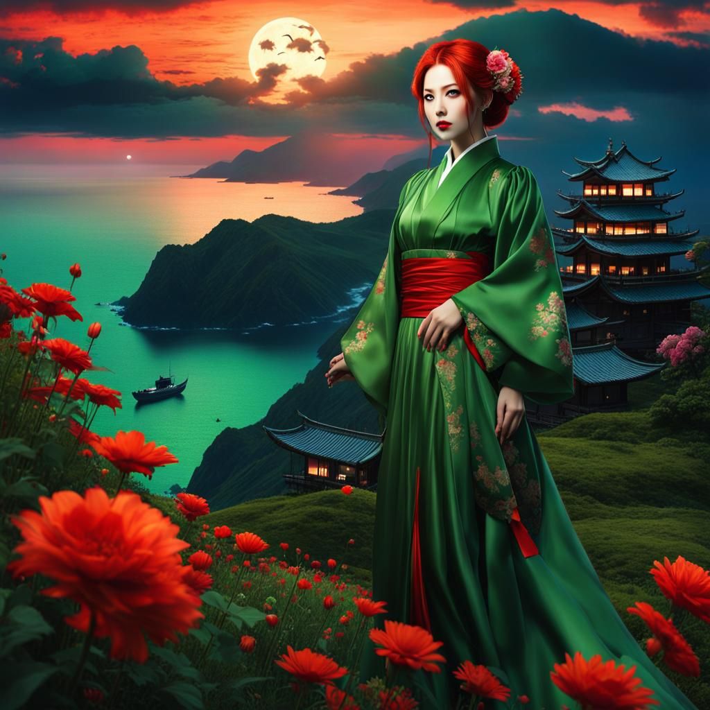 Japanese Vampire in Silk Dress with Ghost Ship