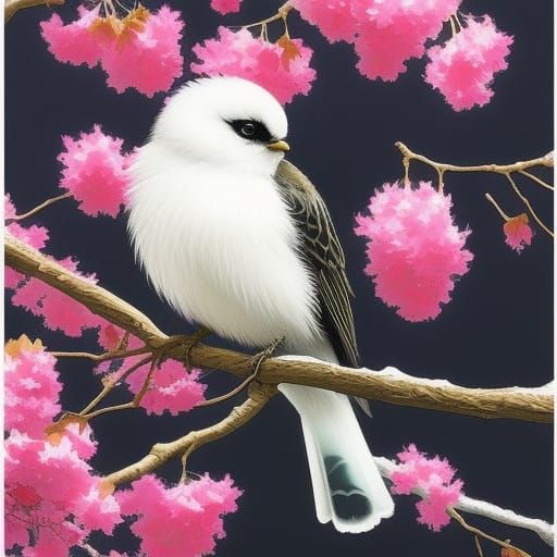 Adorable Fluffy Bird on Sakura Branch in Gouache