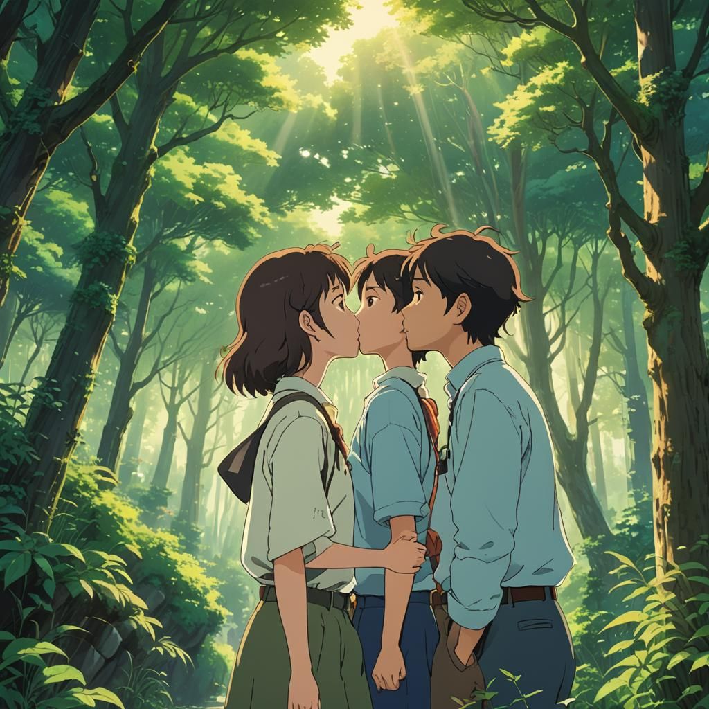 Anime Kissing Scene in Studio Ghibli Style