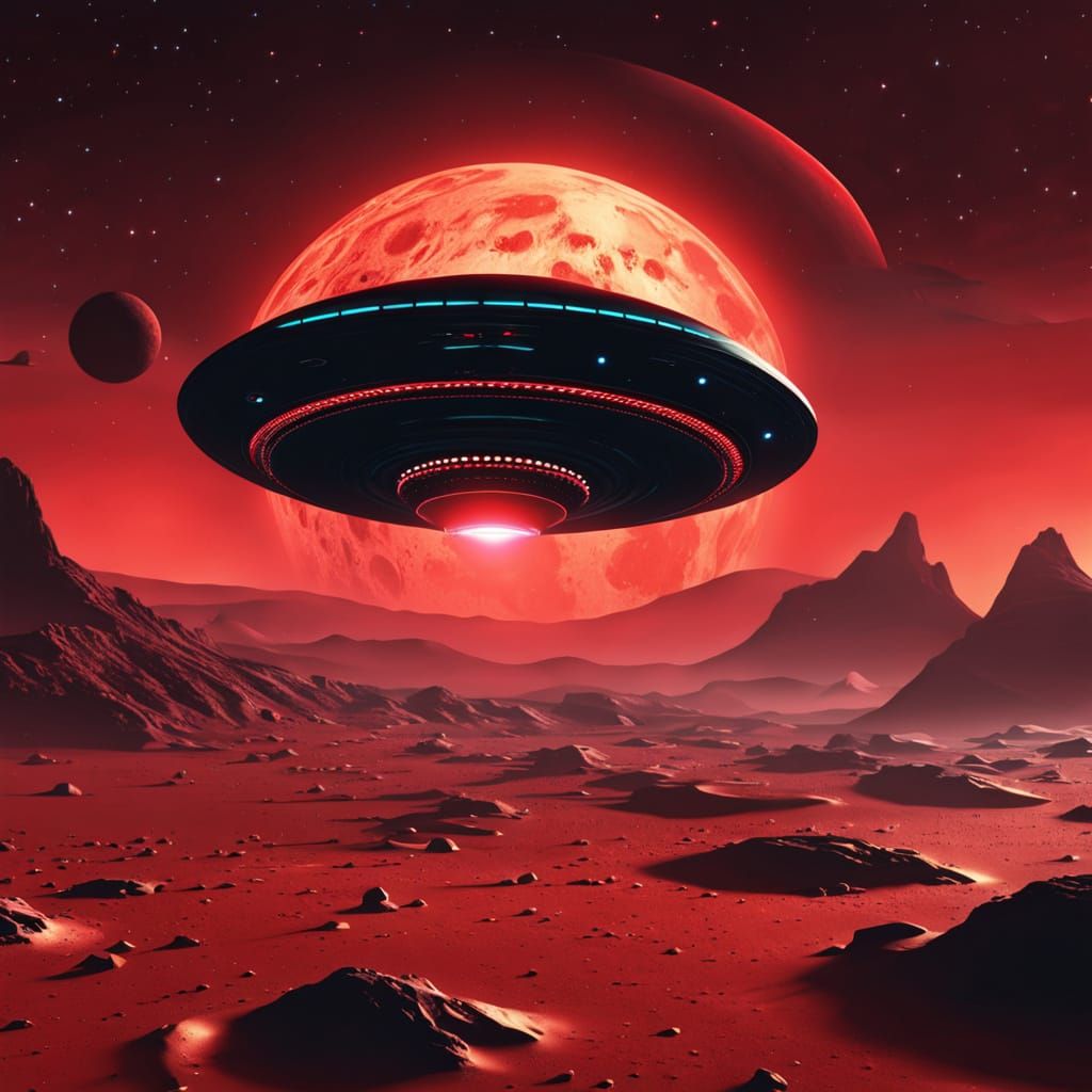 Black UFO with Red Lights Over Mars in Digital Art