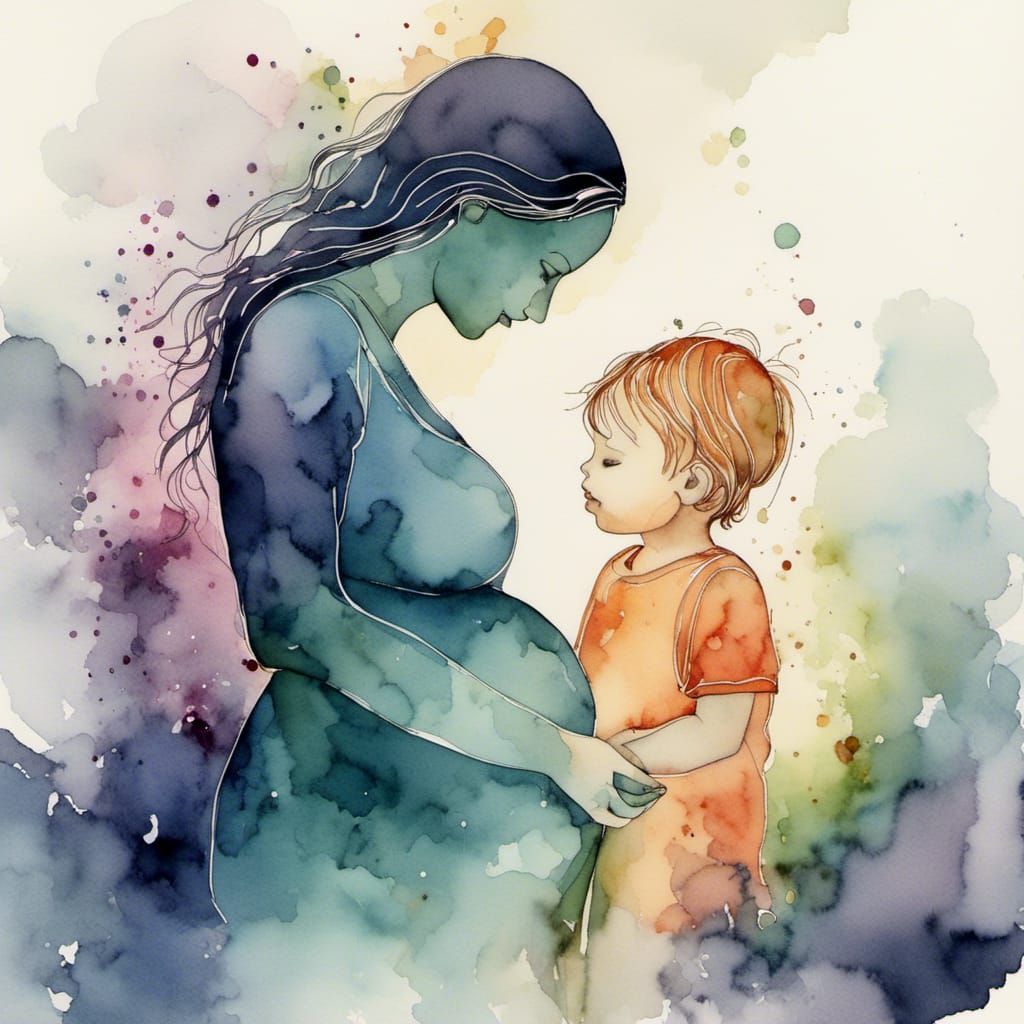 Watercolor of Pregnant Mother with Toddler in Ink
