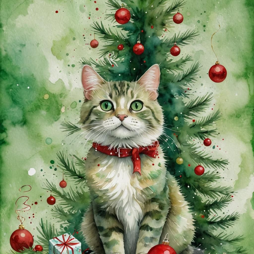 Festive Christmas Cat with Watercolor Accents