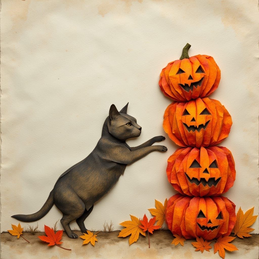 Paper Cat Mischief: Crumpled Feline Attacks Jack-o'-Lanterns