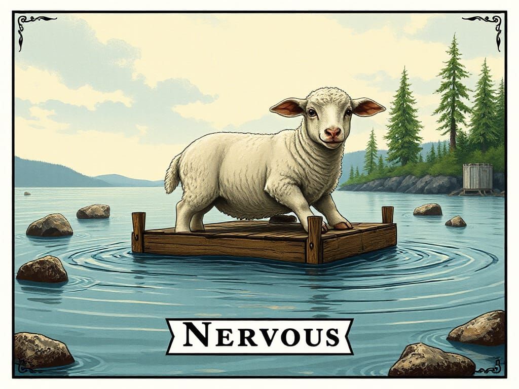 Nervous Lamb Navigating Serene Lake in Tarot Style