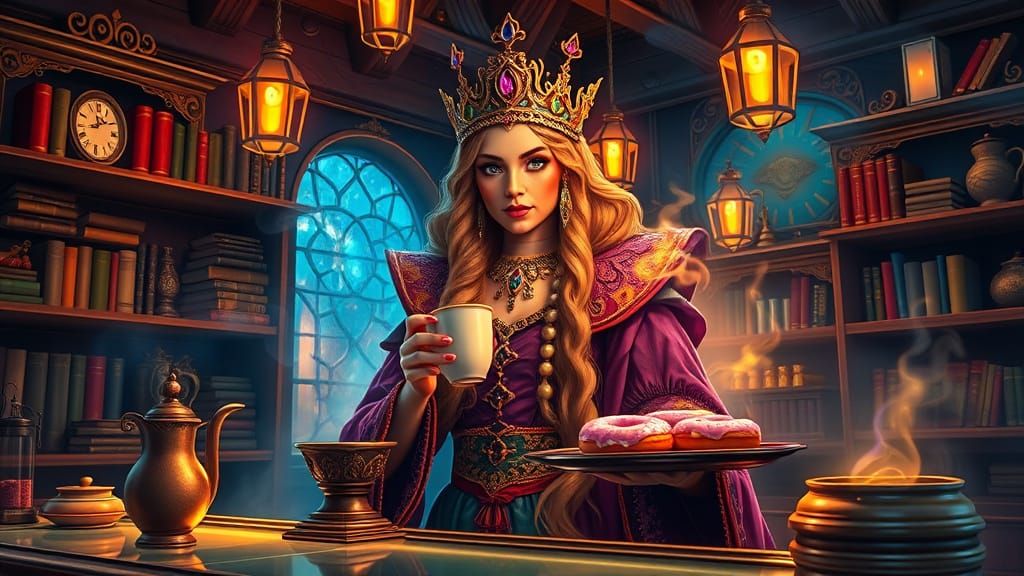Regal Wizard Queen Brews Enchanted Coffee in Whimsical Wizar...