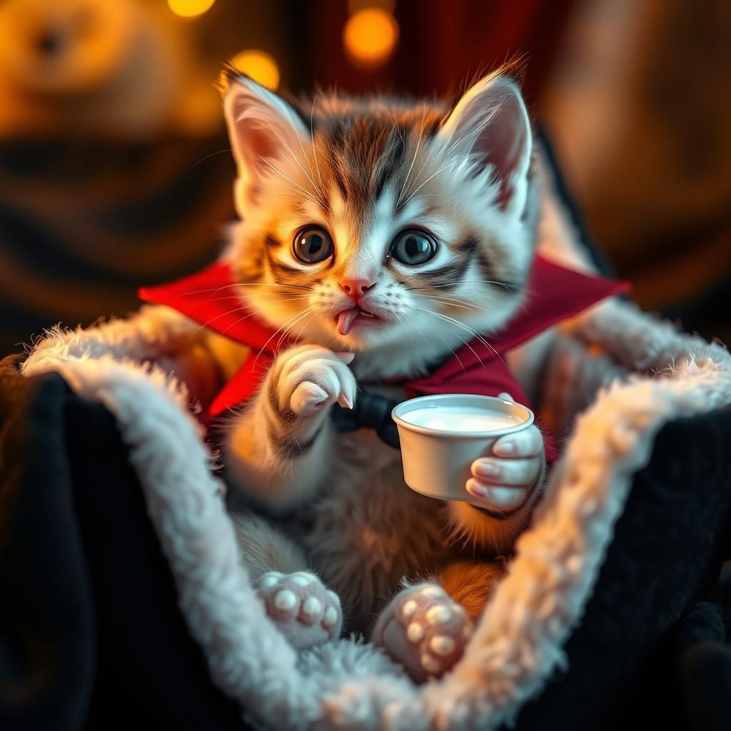 Cute Vampire Kitten in Coffin Bed