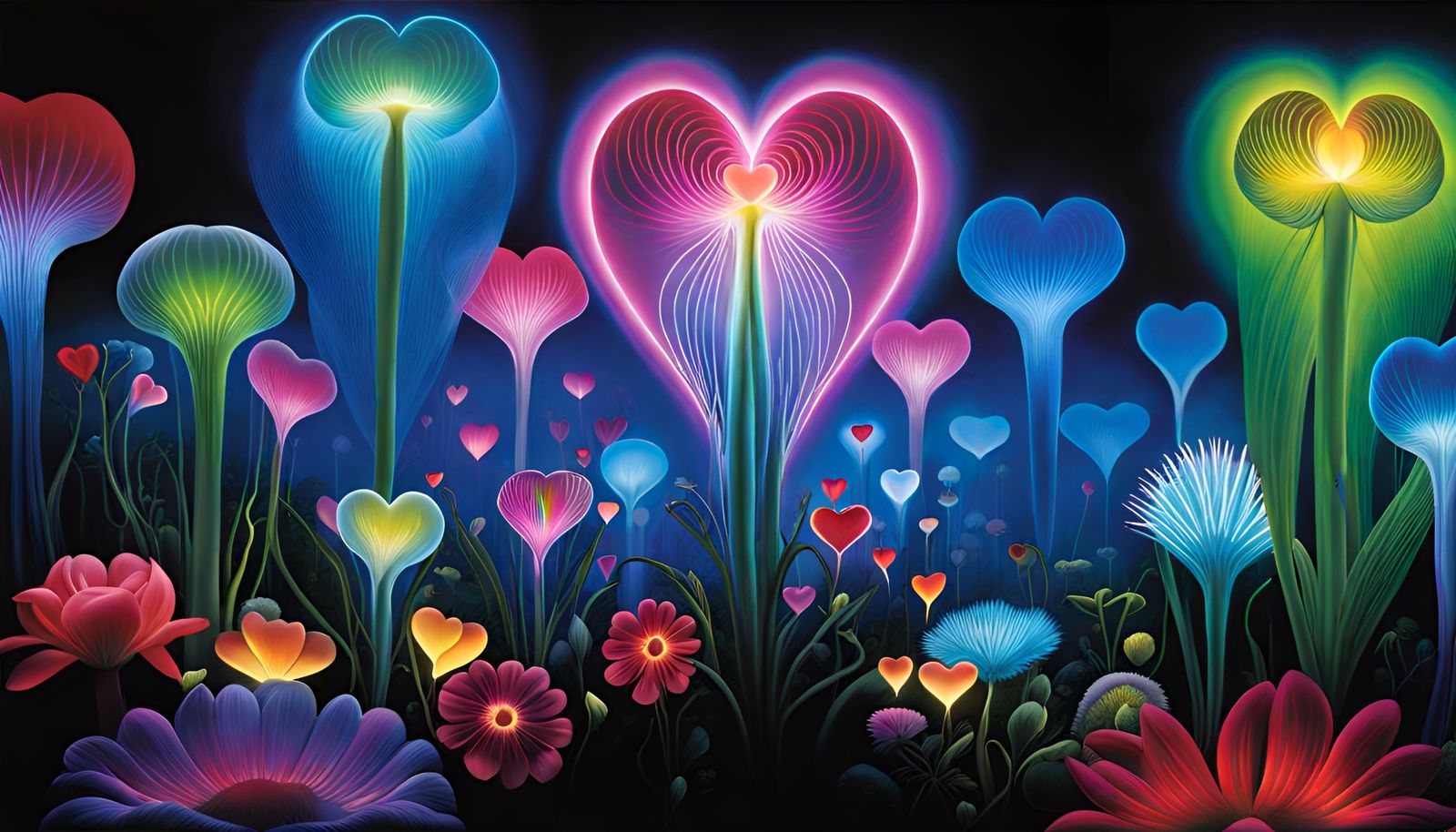 Bioluminescent Heart Flowers in Psychedelic Comic Art