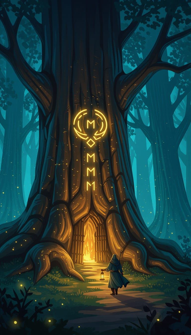 Ethereal Ancient Forest with Runes and Mage