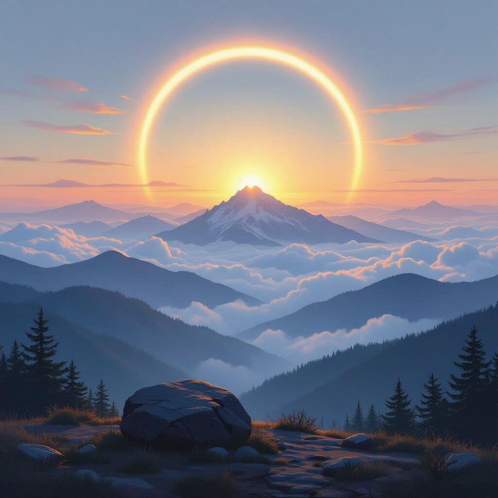 Appalachian Dawn Mist with Snow-Capped Peaks and Solar Halo