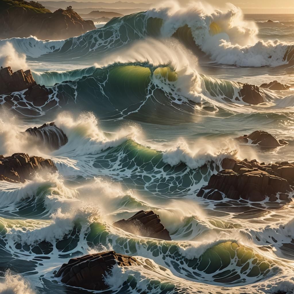 Crashing Wave on Pacific Coast at Golden Hour