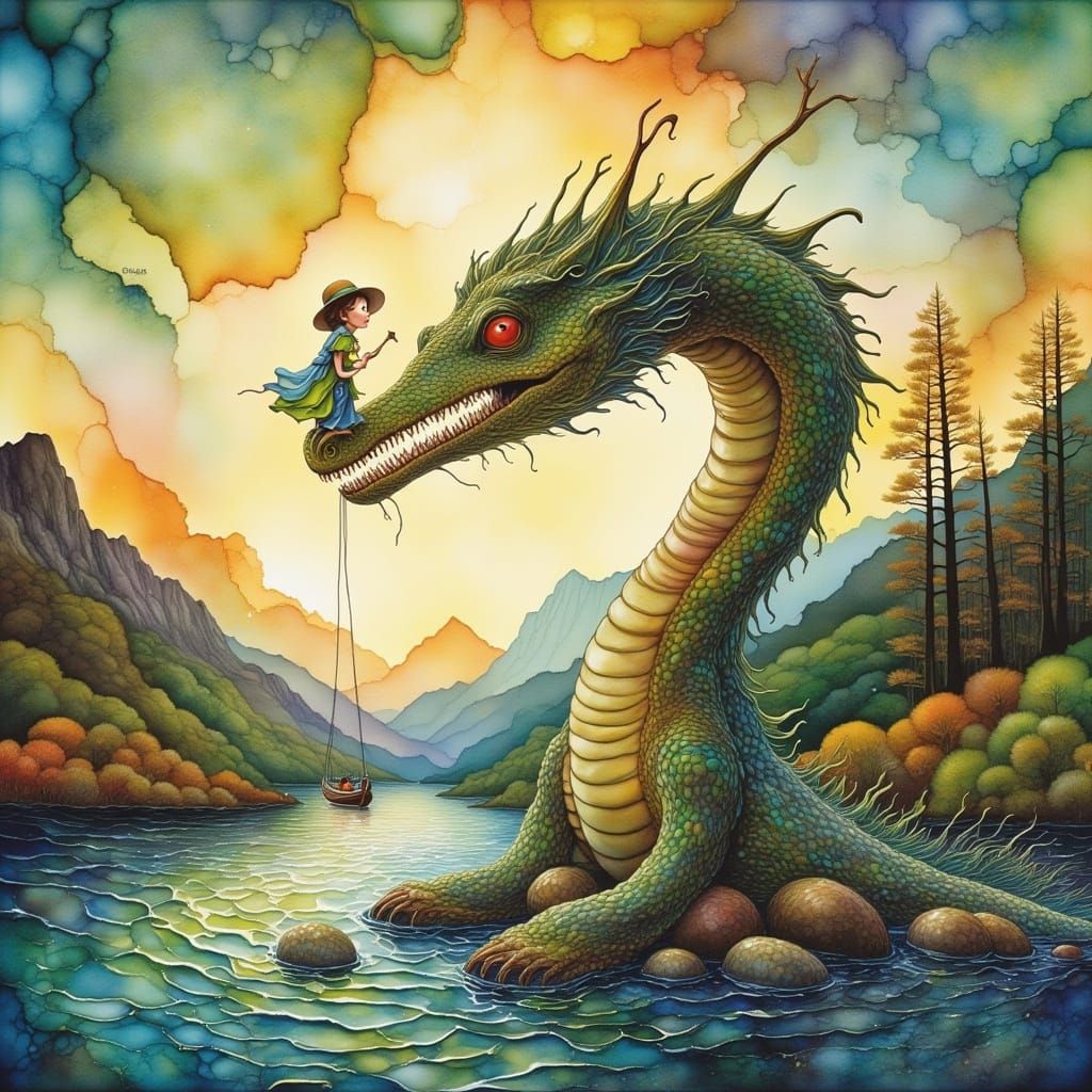 Loch Ness Monster with Whimsical Character, Dreamlike Illust...