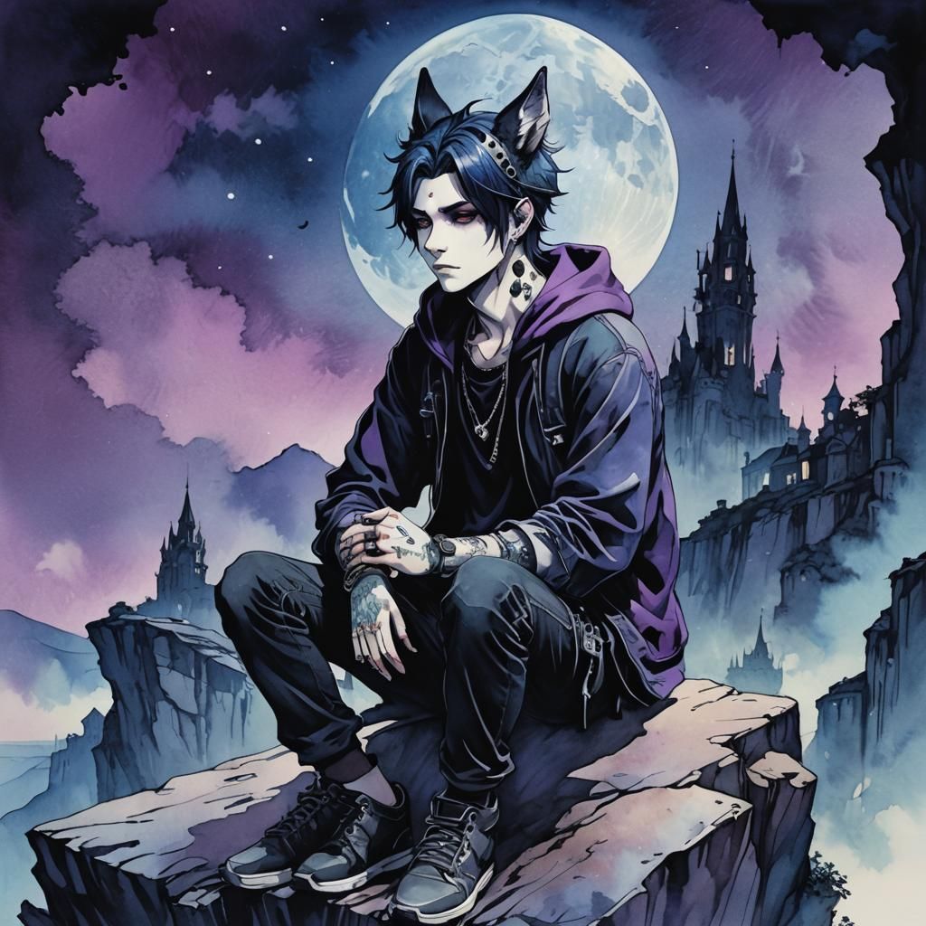 Gothic Wolf-Boy on Cliff: Manga Scan Art