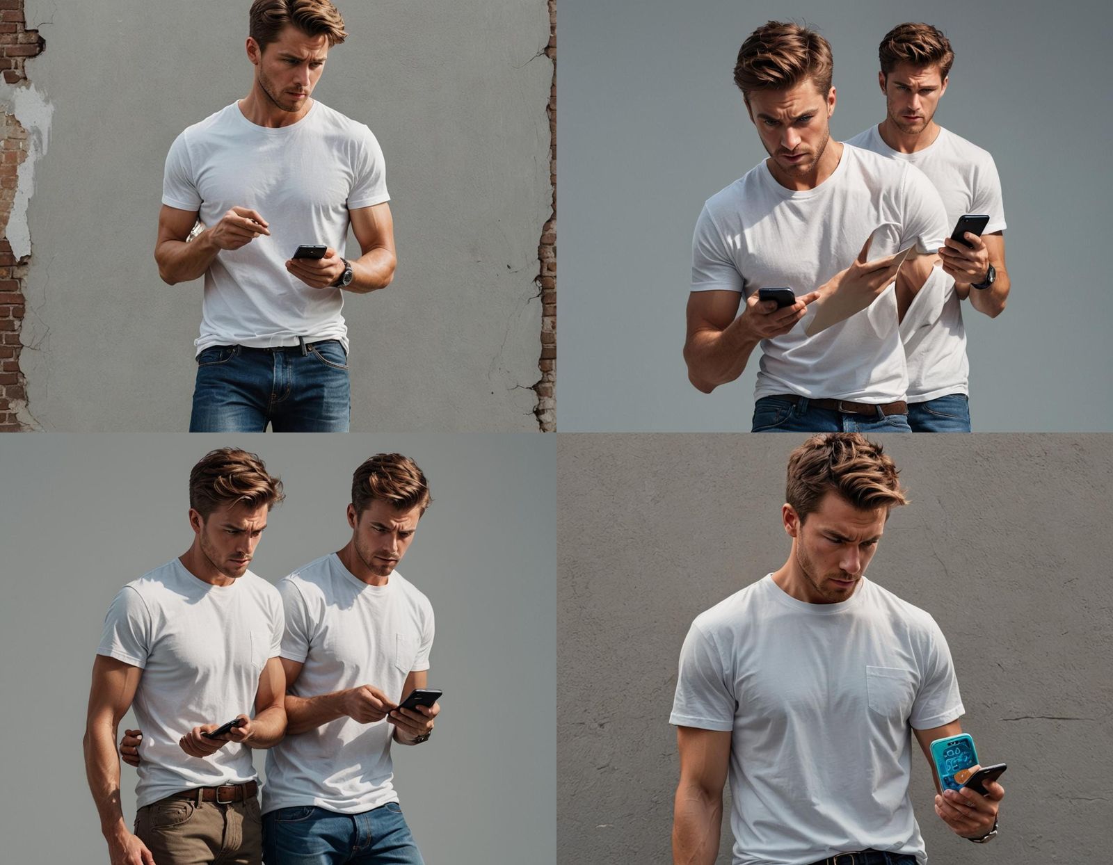 Angry Man in Jeans Looking at Phone, Realistic