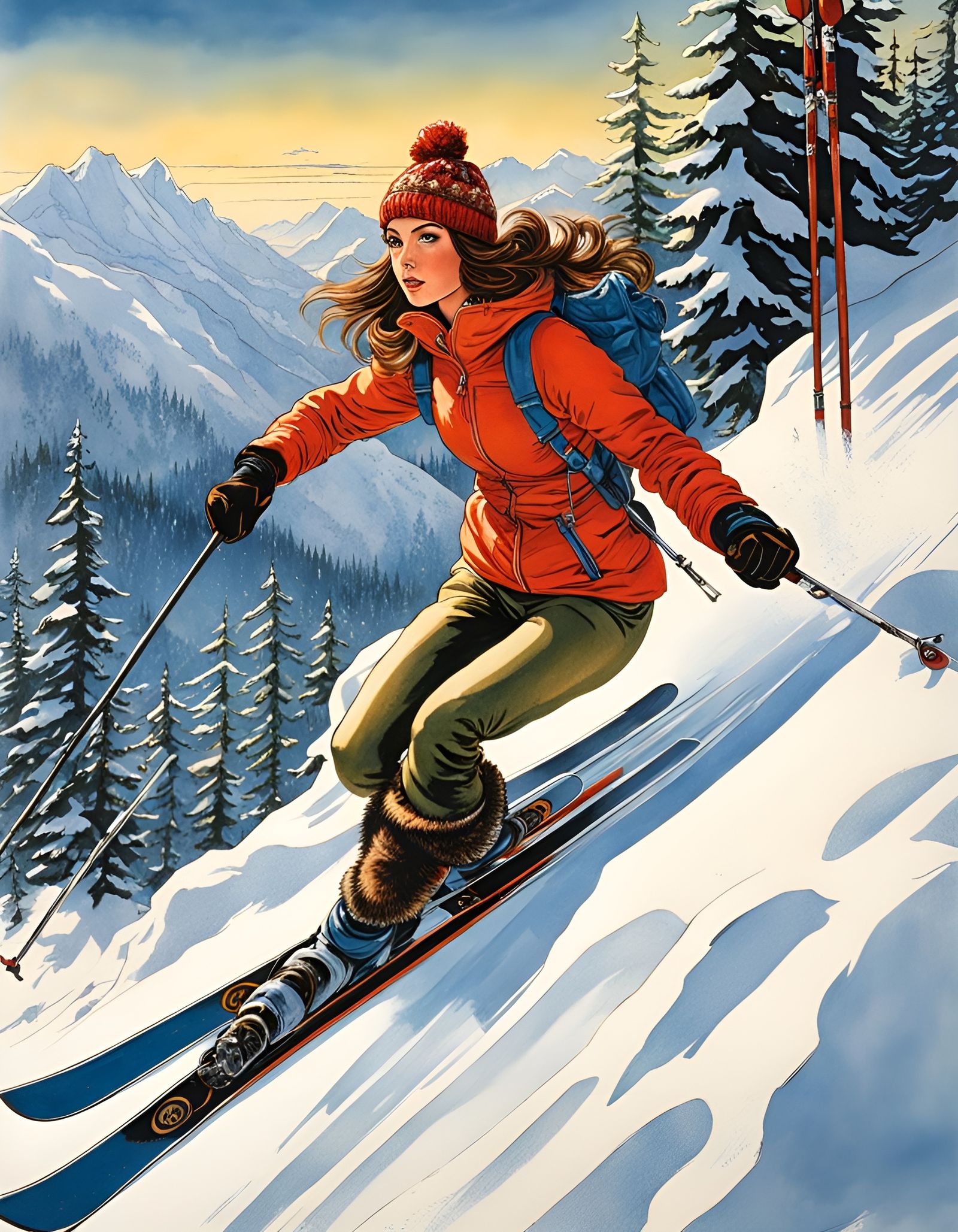 Girl Skiing in Mountains, Comic Book Illustration