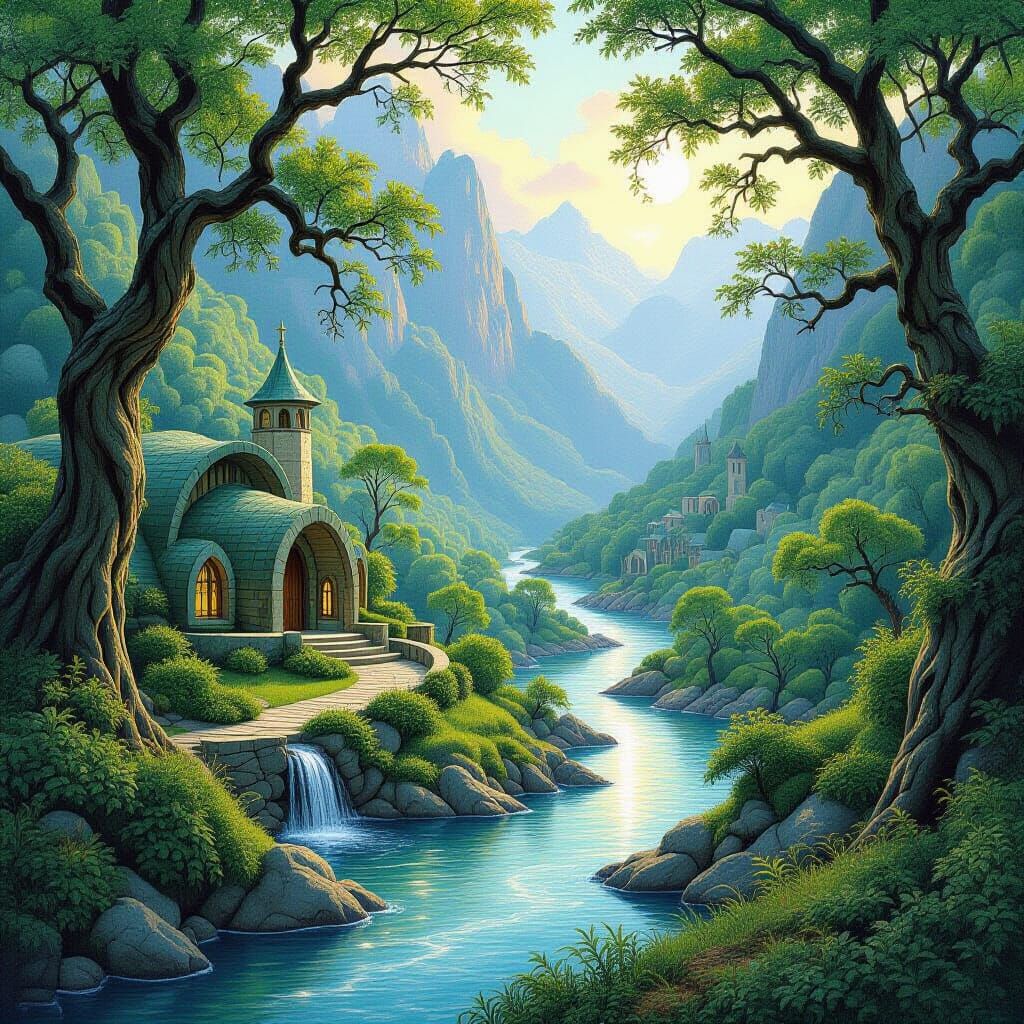 Rivendell in a Lush Valley, Dreamy Landscape