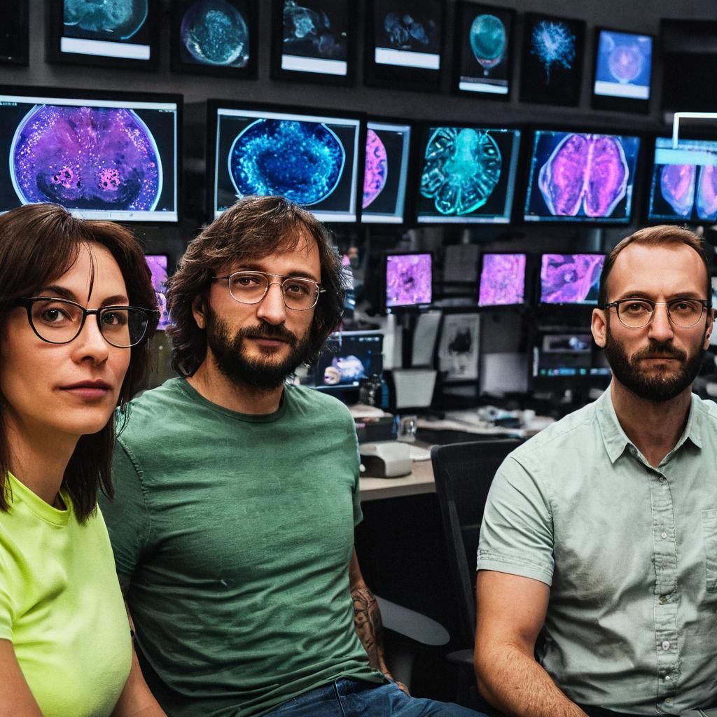 Scientist at Desk with Microscopy Images