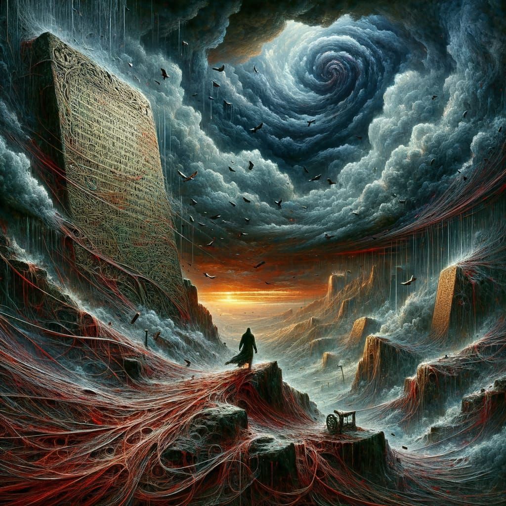 Figure's Struggle Amidst Unraveling Meaning and Stormy Sky