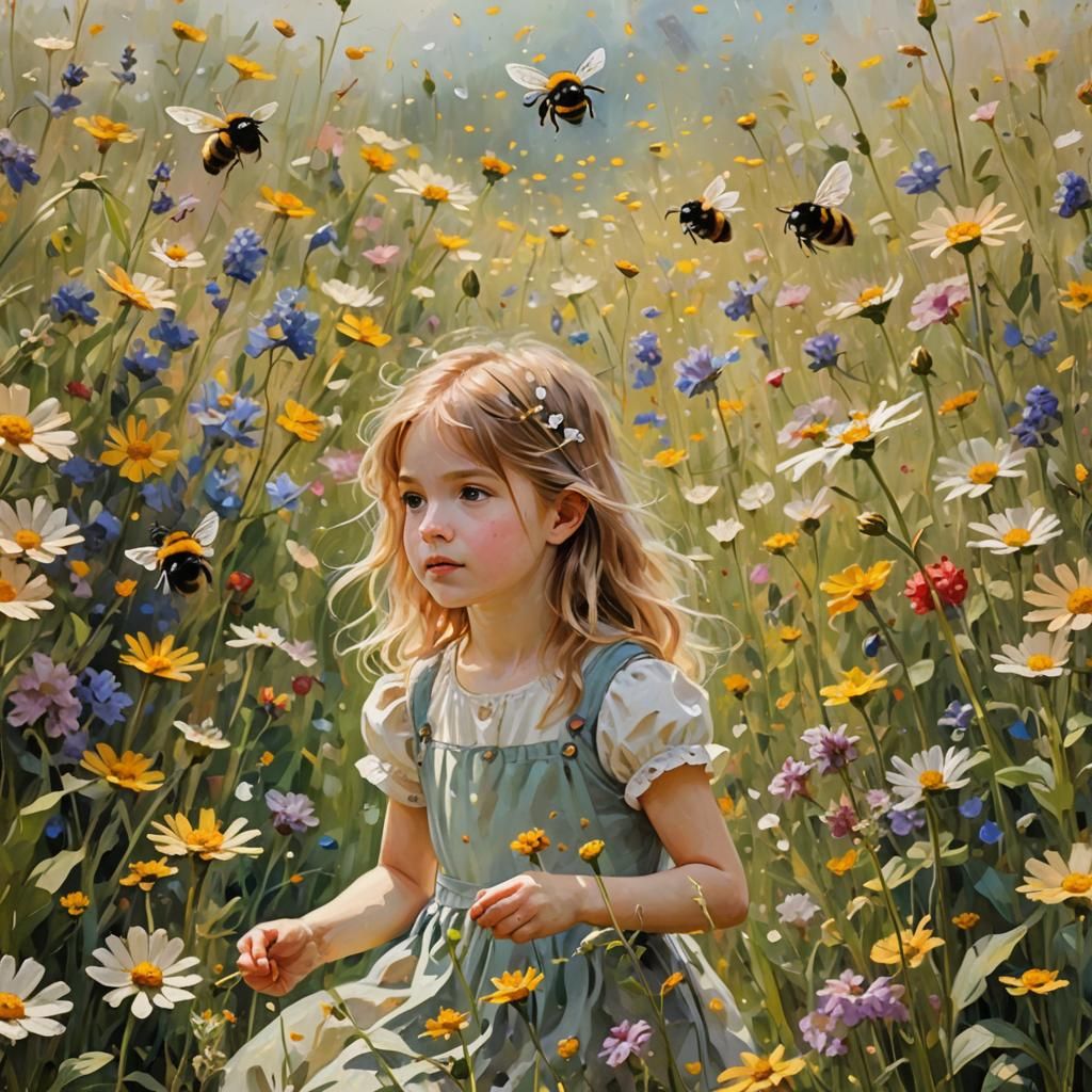 Children Playing with Fairies in Flower Field, Splash Art