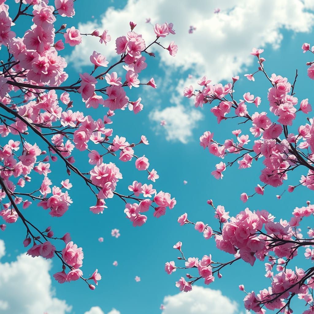 Surreal Cherry Blossom Dance in Dreamlike Serenity