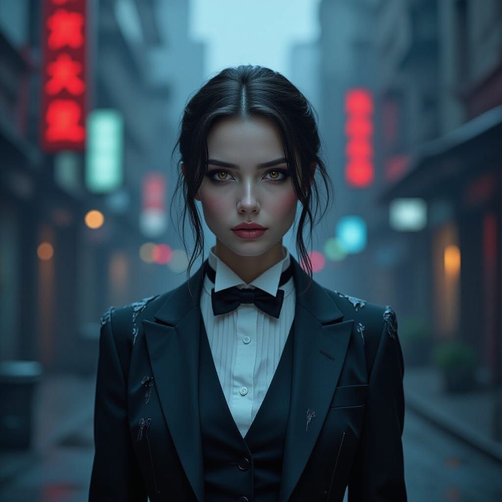 Dystopian Porcelain Human in Gritty Neon Cityscape