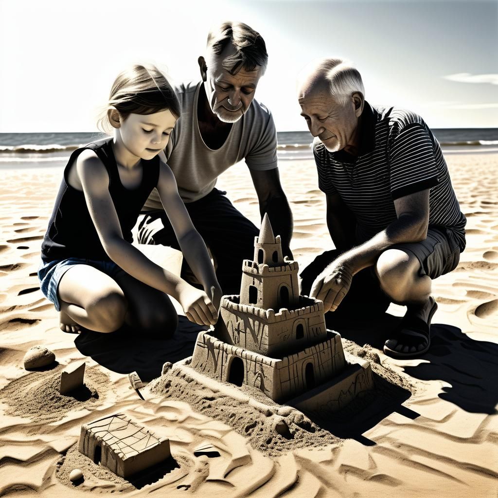 Family Builds Sandcastle: Hyperdetailed Charcoal Drawing