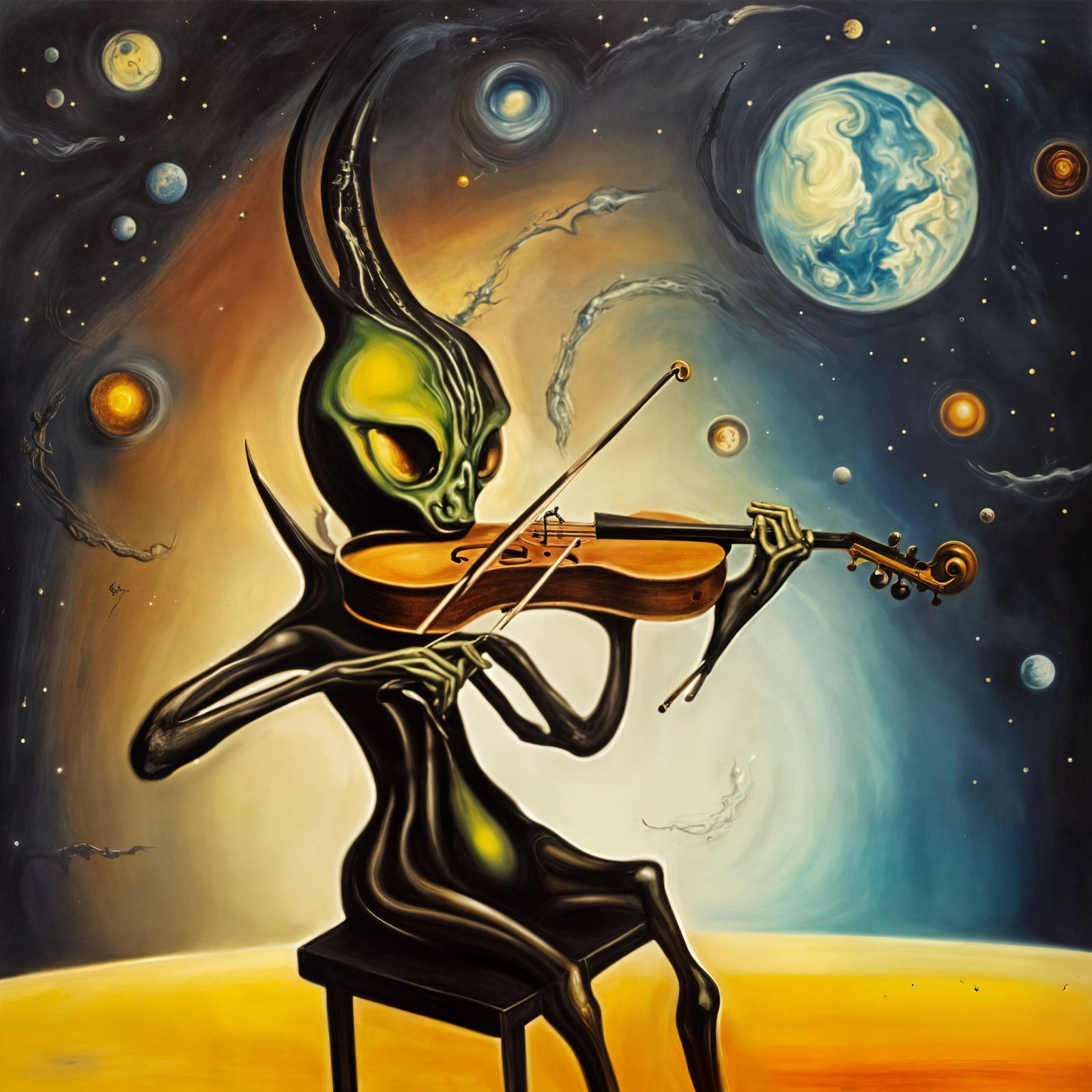 Alien Violinist in Space: Surreal Oil Painting