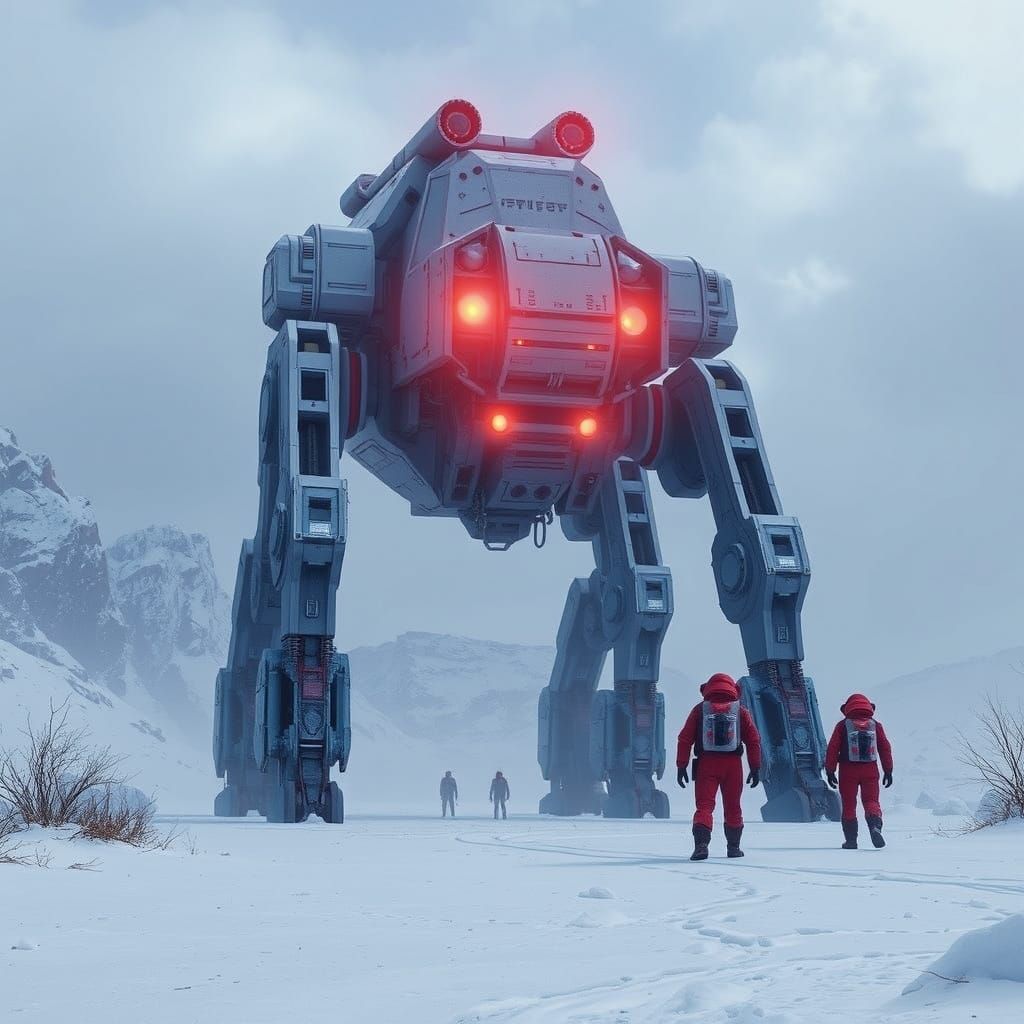 Cyberpunk Robot Stands Ready in Futuristic Snowscape