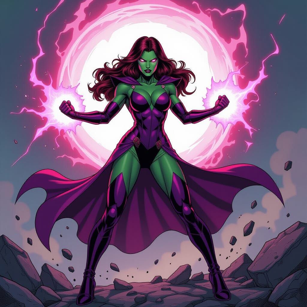 Scarlet Witch She-Hulk Hybrid in Crimson and Purple Costume