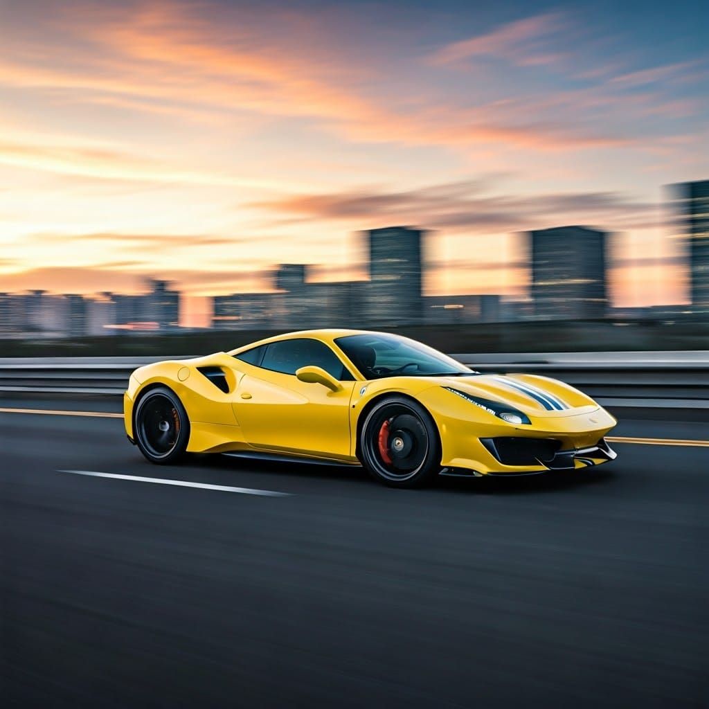Yellow Ferrari 488 Pista Speeding at Sunset