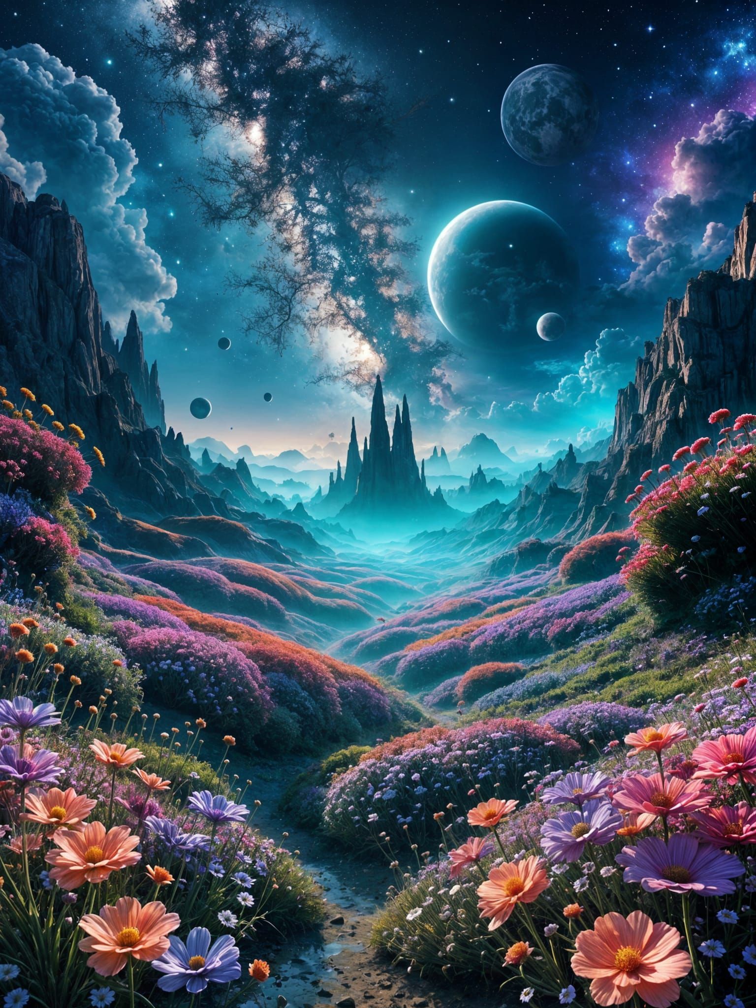 Surreal Alien Meadow in Nocturnal Glow with Dreamy Biolumine...