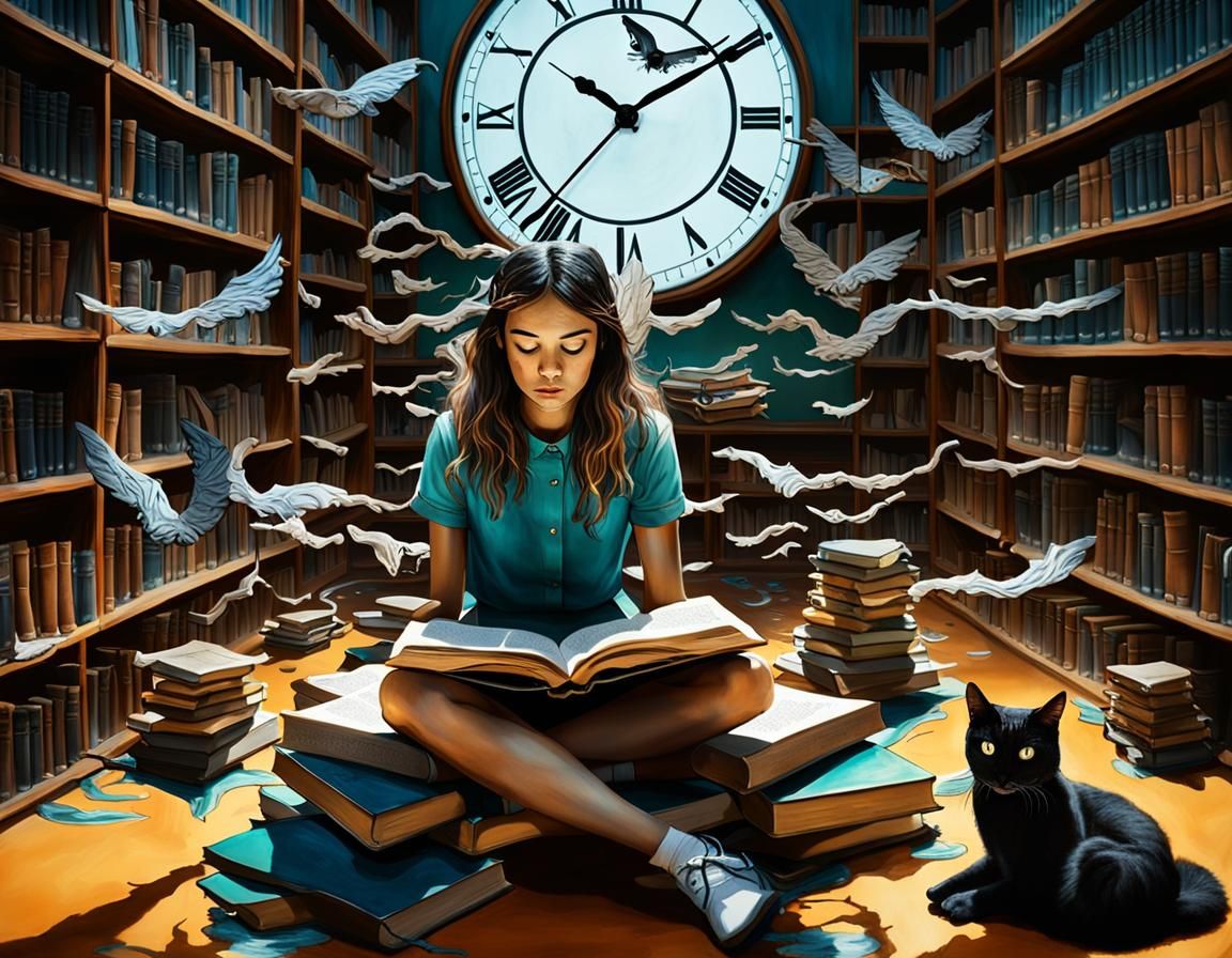 Surreal Library Scene with Floating Books and Melting Clock