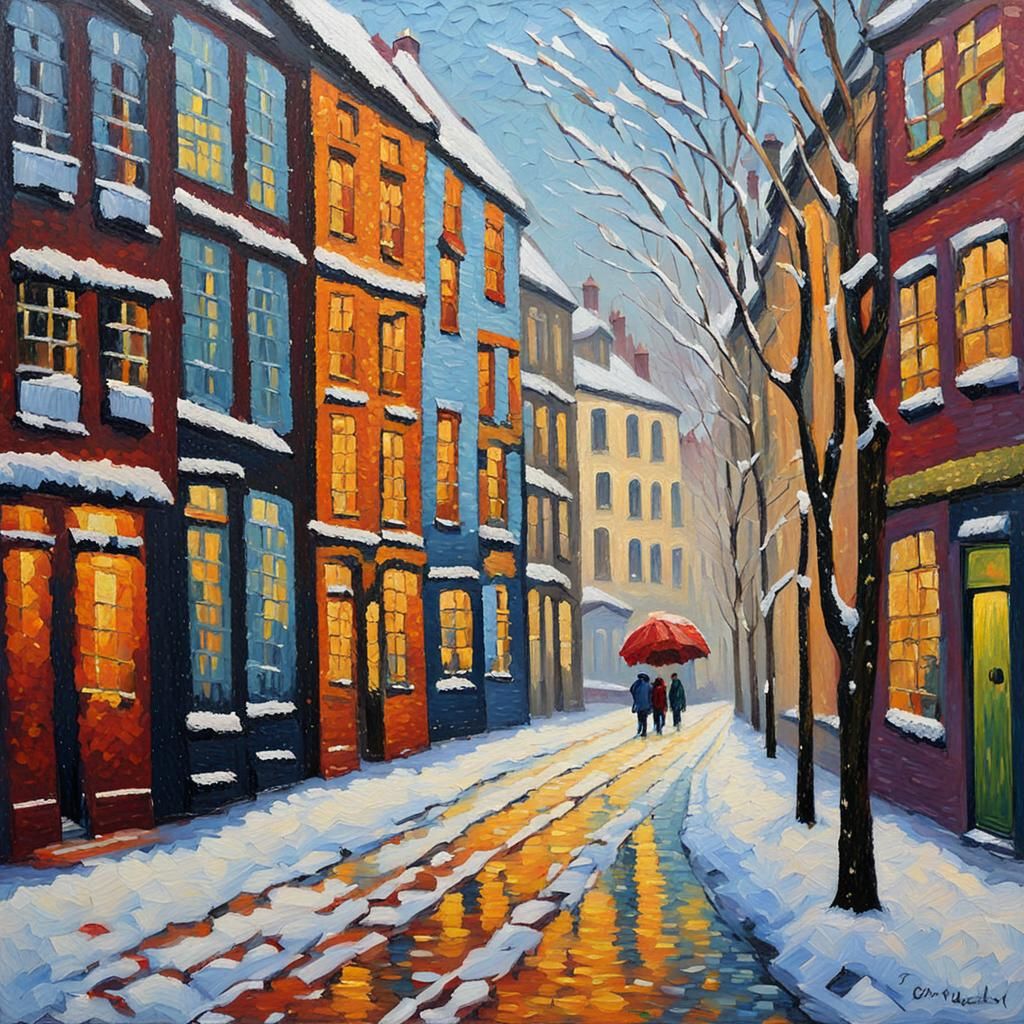 Snowy Brussels in Expressionist Oil Painting Style