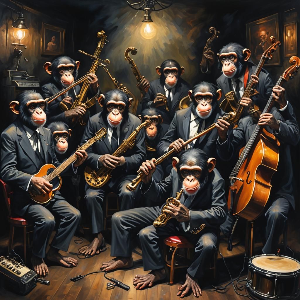 Chimpanzee Jazz Band in Grotesque Surrealist Painting