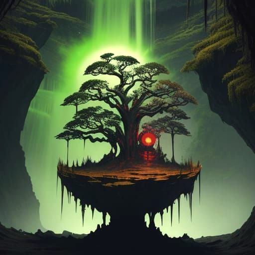 Skeletal Figure Holds Glowing Orb by Crimson Moon