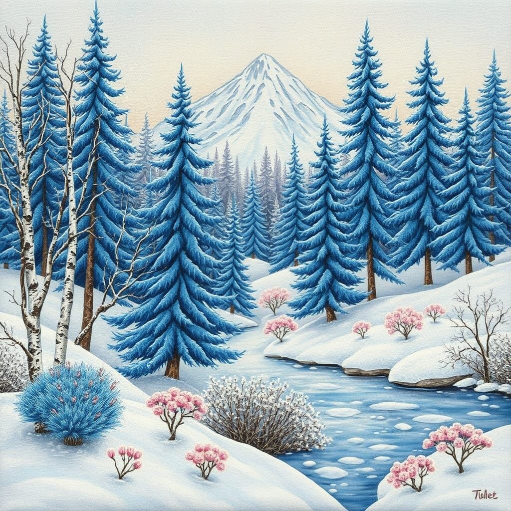 Whimsical landscape, enchanting winter wonderland, large blue fir trees mixed with a few birch trees,  frozen bushes, fr...