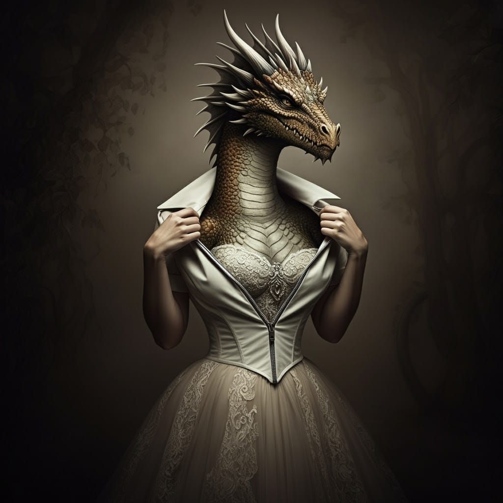 Woman Unzips to Reveal Dragon in Elegant Costume
