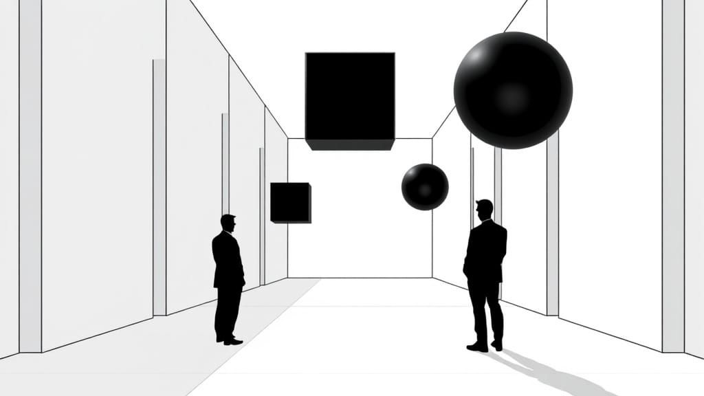 Graphic Corridor with Floating Shapes and Silhouettes