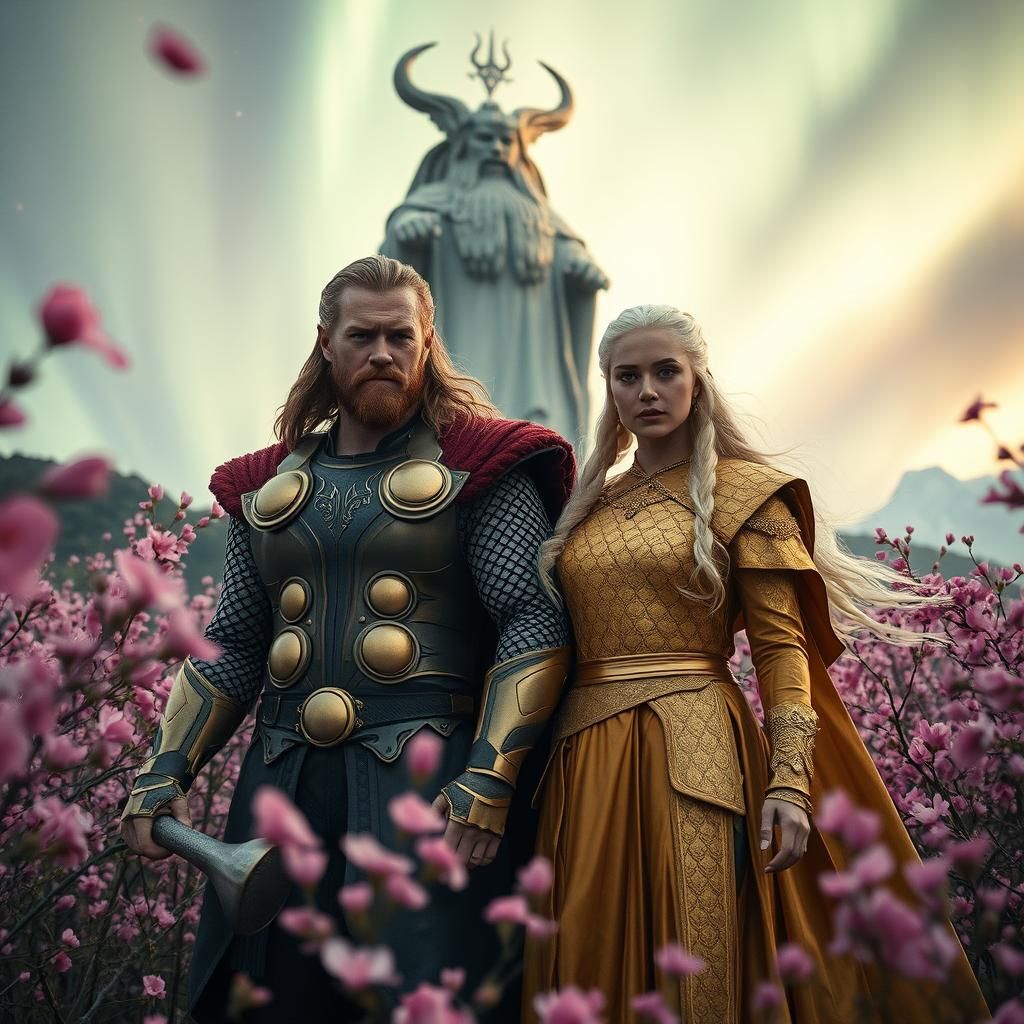 Thor and Daenerys in Cherry Blossom Field