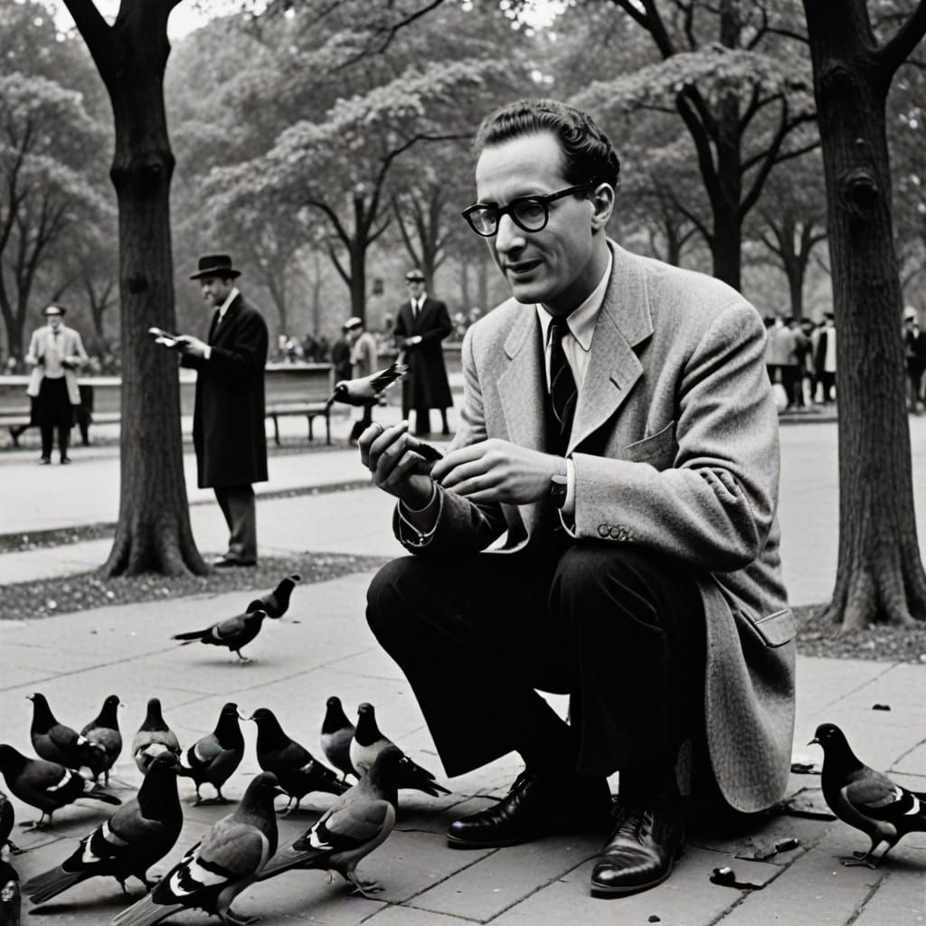 Collegiate Tom Lehrer Feeds Pigeons in 1950s Park Photo