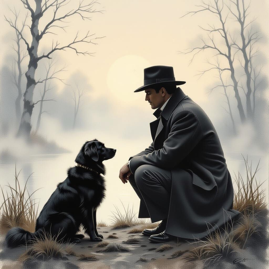 Man and Dog in Ethereal Gouache Charcoal Drawing