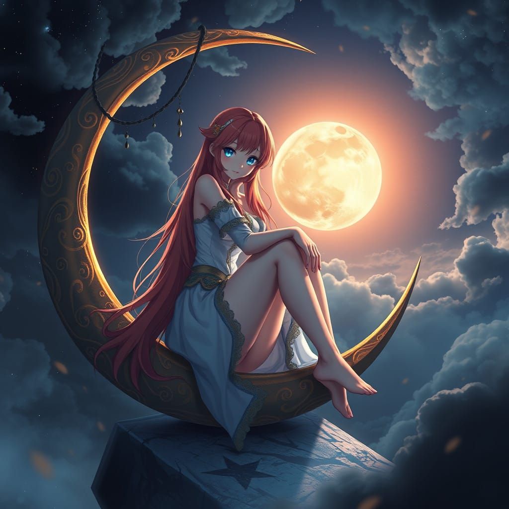 Anime Goddess Sits on Crescent Moon in Digital Masterpiece