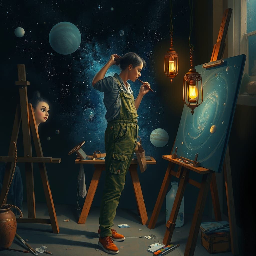 Painter Creates Starry Night Sky with Lantern