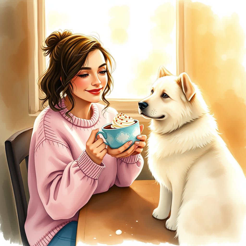 Cozy Intimate Scene of Woman and Dog with Hot Chocolate