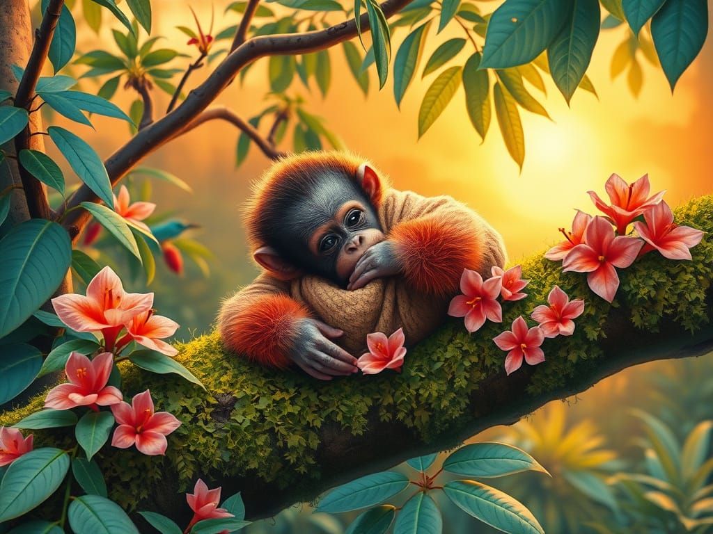 Whimsical Orangutan in Tropical Paradise