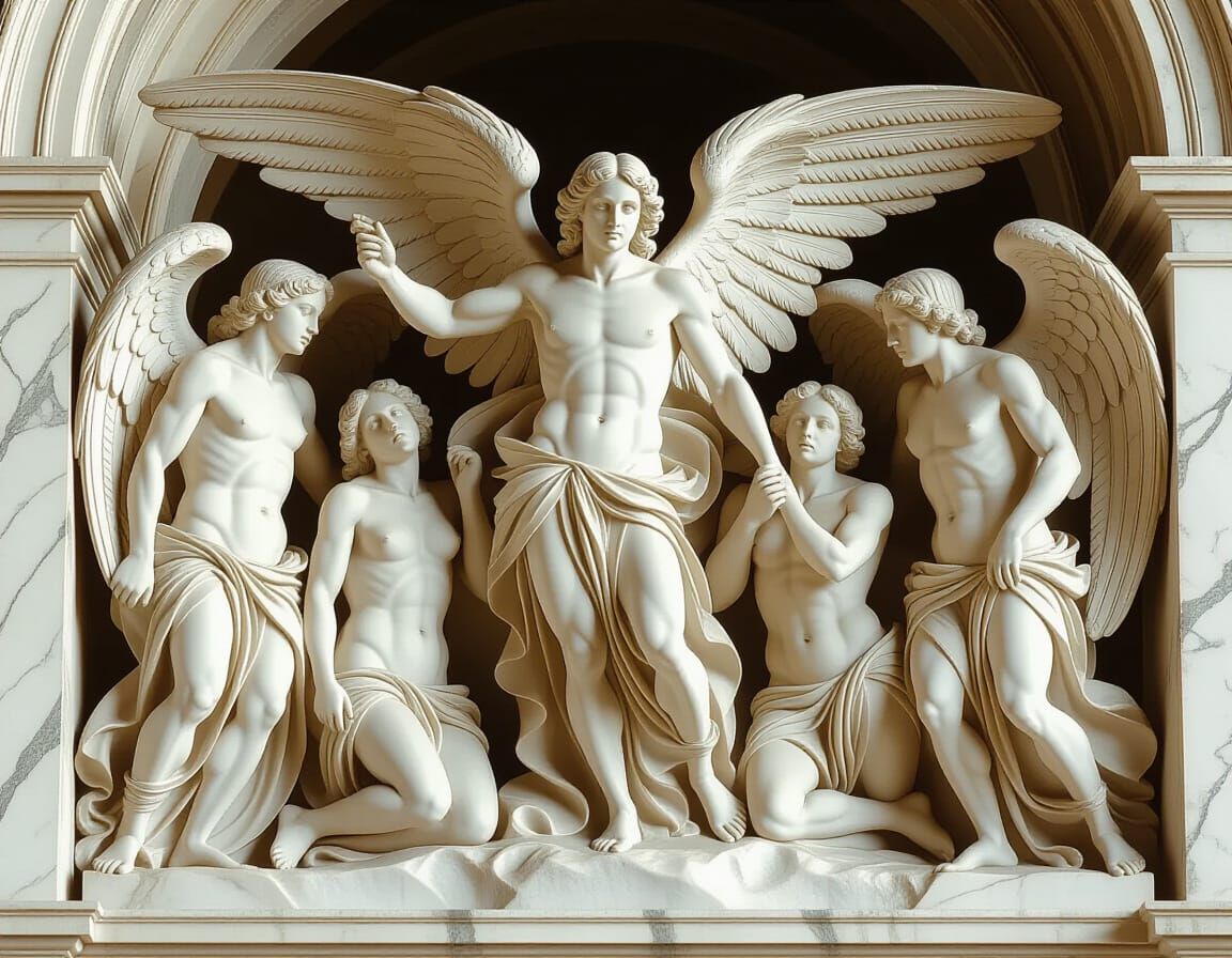 Epic Fall of Rebel Angels: Cinematic Marble Sculpture